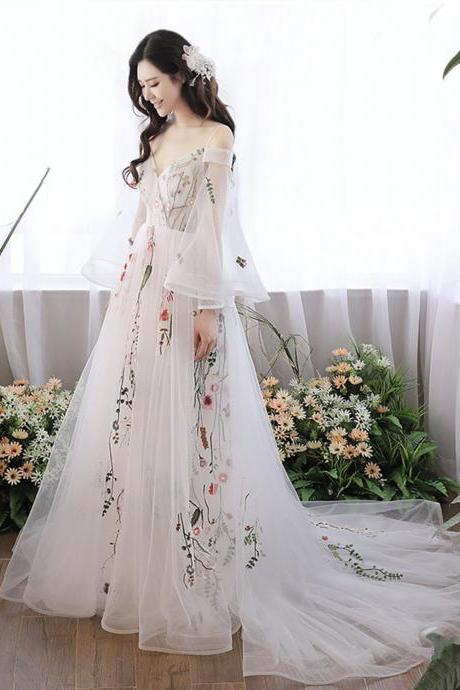 White Tulle Lace Long Prom Dress White Evening Dress