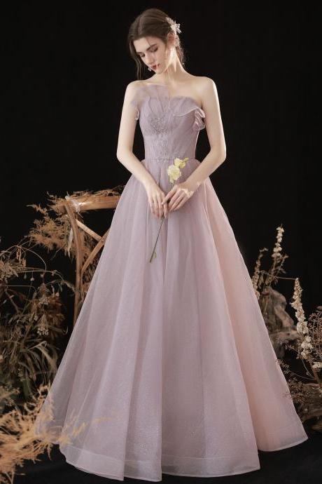 Pink Tulle Long A Line Prom Gown Pink Evening Gown