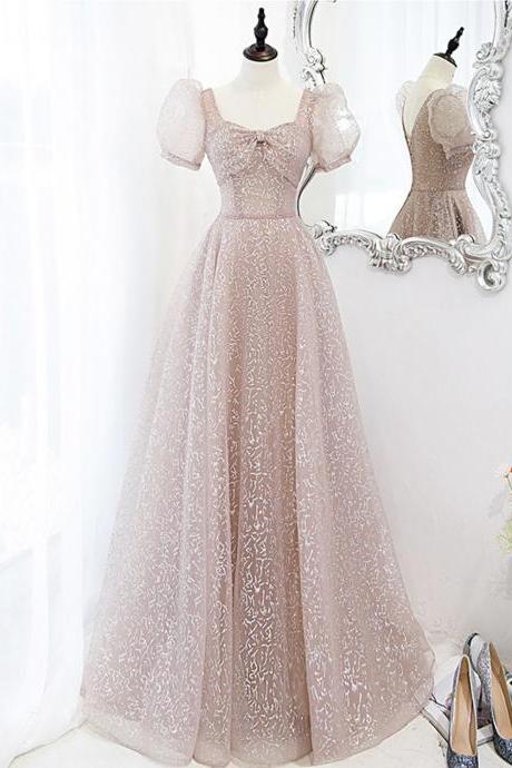 Pink Tulle Sequins Long Prom Dress Evening Dress