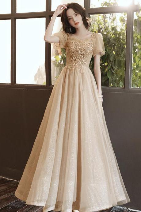Cute Tulle Sequins Long Prom Dress A Line Evening Gown