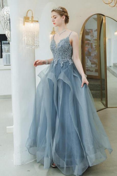 Blue Tulle Lace Long Prom Dress Blue Evening Gown