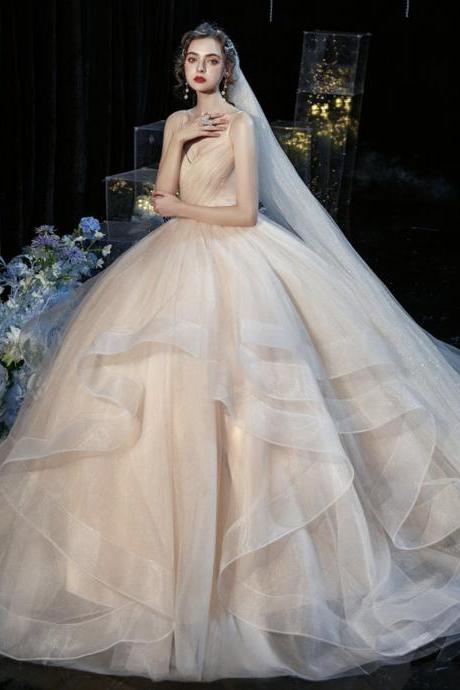 Champagne Tulle Long Ball Gown Dress A Line Evening Gown