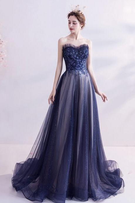 Elegant Tulle Long A Line Prom Dress Blue Evening Gown
