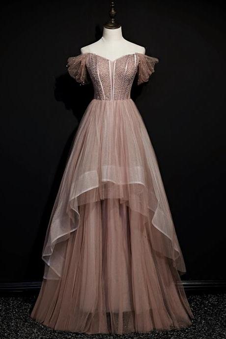 Cute Tulle Beads Long Prom Dress A Line Evening Gown