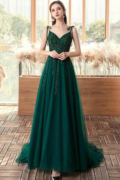 Green Tulle Lace Long Prom Dress Green Evening Gown