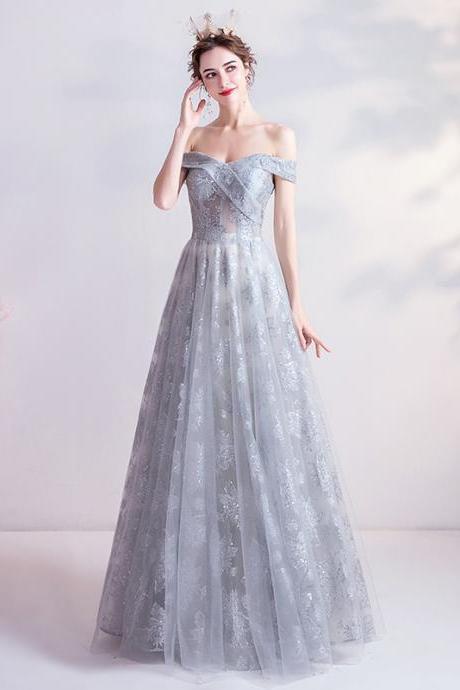 Gray Tulle Squins Long Prom Dress Gray Evening Dress