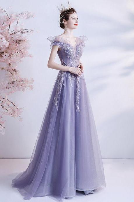 Purple Tulle Sequins Long Prom Dress A Line Evening Dress