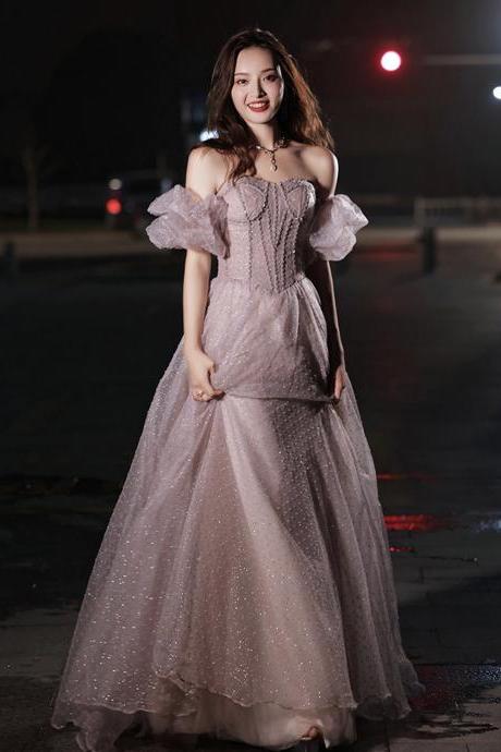Pink Tulle Sequins Long Prom Dress Pink Evening Dress