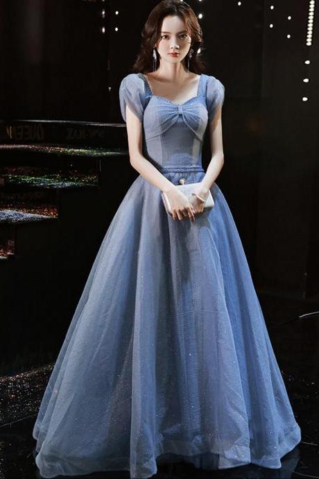 Blue Tulle Sequins Long Prom Dress A Lin Eevening Gown