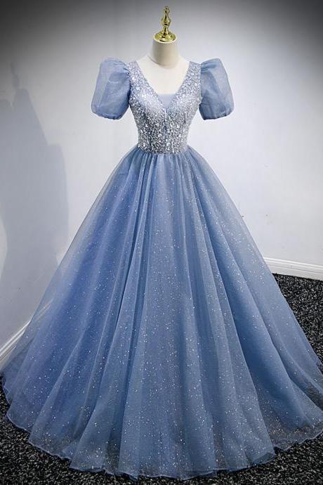 Blue tulle sequins long prom dress blue evening dress