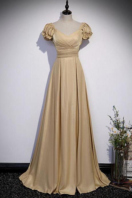 Champagne satin long prom dress A line evening gown