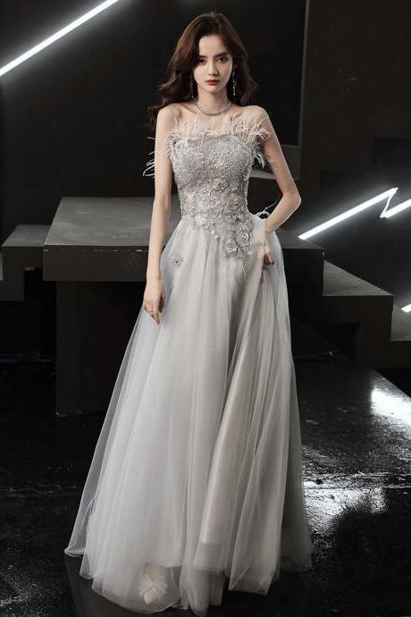 Gray tulle lace long prom dress A line evening gown