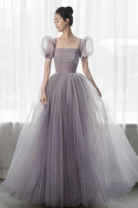 Purple tulle long proom dress A line evening dress