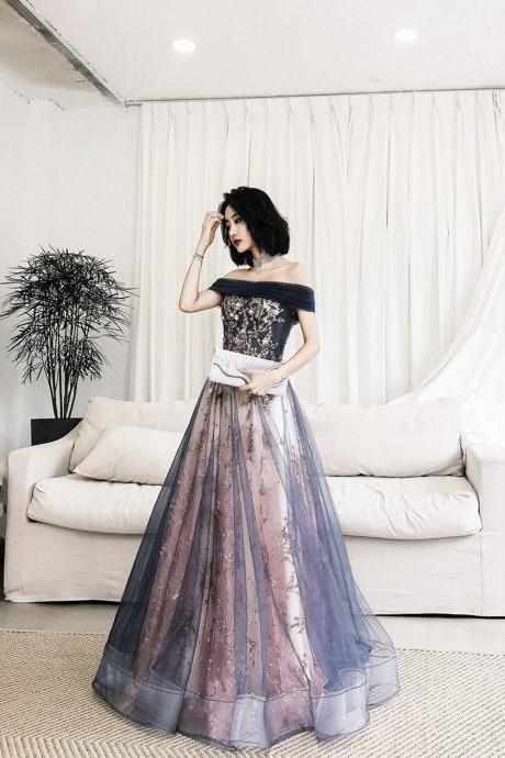 Blue Tulle Sequins Long Prom Dress Evening Gown