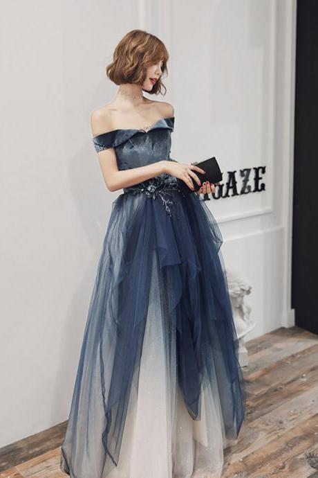 Blue Velvet Tulle Long Prom Dress A Line Evening Gown