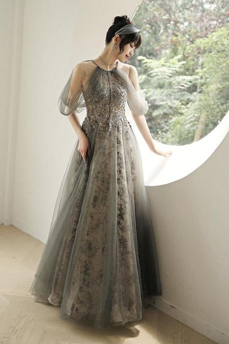 Shiny Tulle Sequins Long Prom Dress A Line Evening Gown