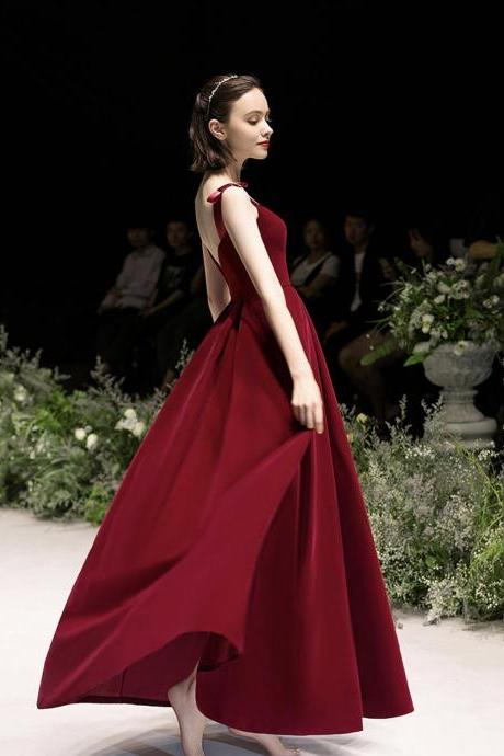 Red Velvet A Line Tea Length Prom Dress Evening Dress