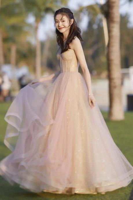 Pink tulle sequins long prom dress A line evening gown