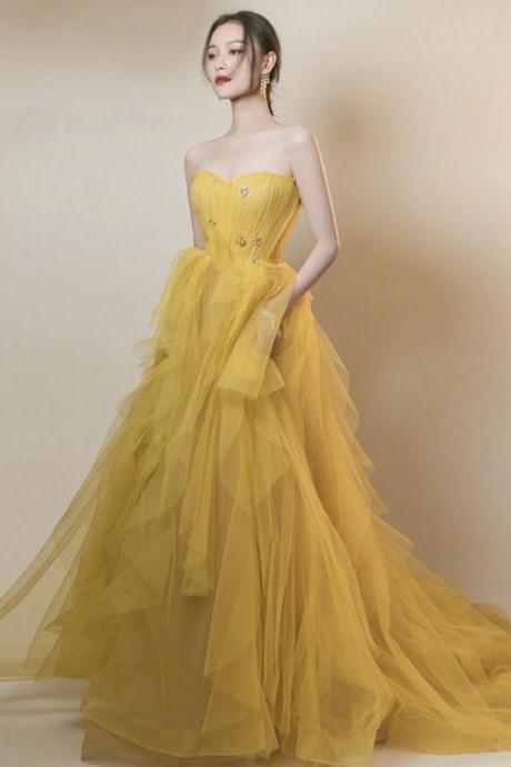 Yellow Tulle Long Prom Dress A Line Evening Gown