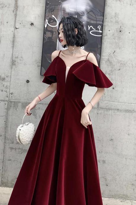 Burgundy Velvet Long Prom Dress A Line Evening Dress