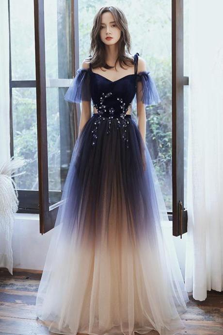 Blue Velvet Tulle Long Prom Dress A Line Evening Dress