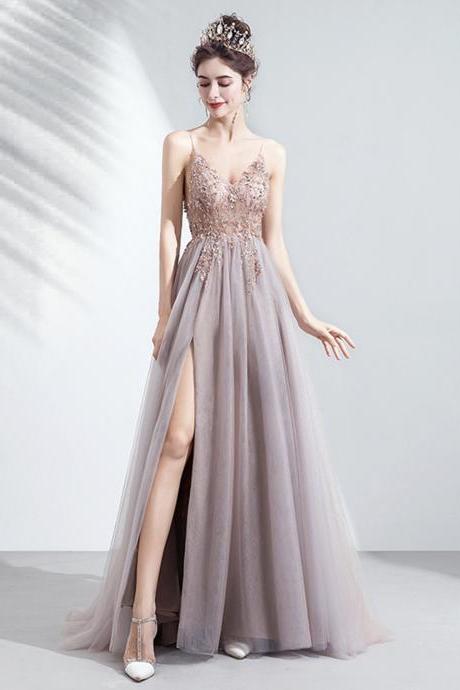 Stylish Tulle Beads Long Prom Dress A Line Evening Dress