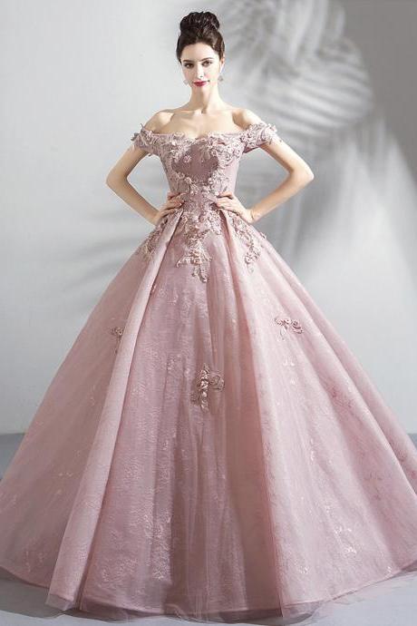 Pink tulle lace long prom dress A line evening gown