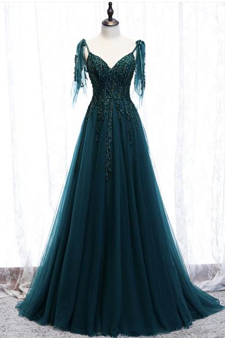 Green Tulle Lace Long Prom Dress A Line Evening Dress