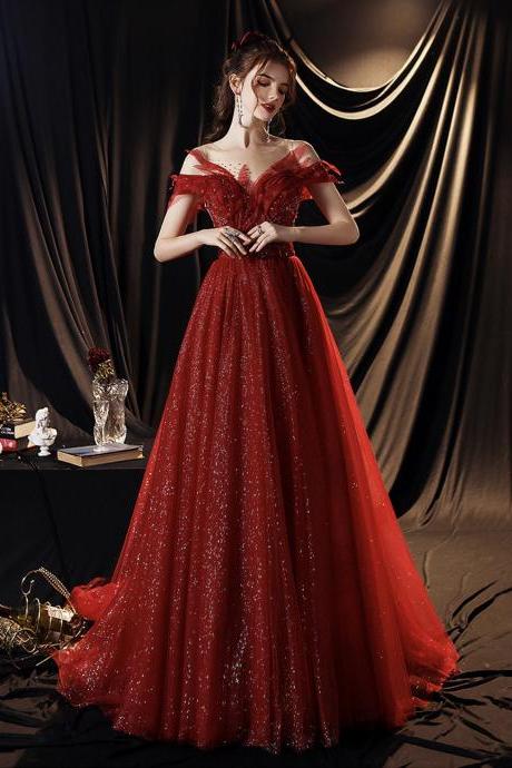 Red Sequins Long Prom Dress A Line Evening Dress