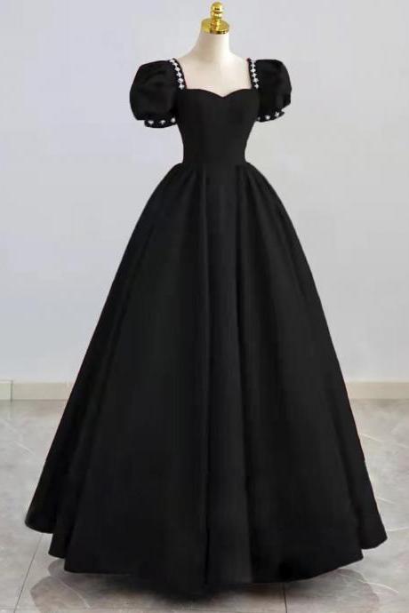 Black satin long prom dress A line evening dress