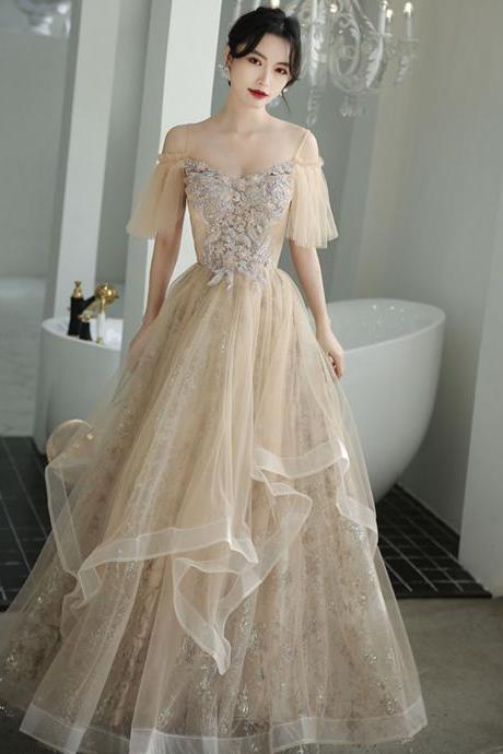 Champagne Tulle Lace Long Prom Dress A Line Evening Dress
