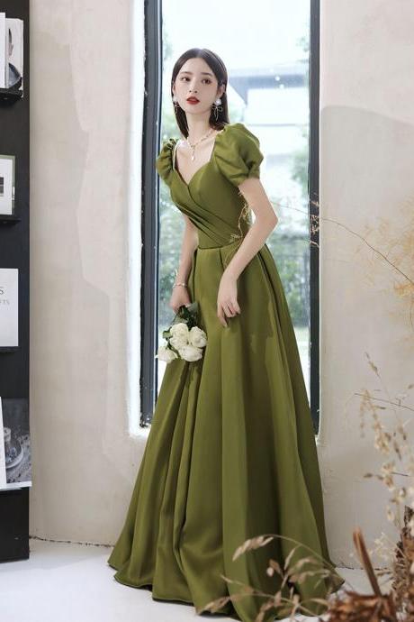Green satin long prom dress A line evening gown