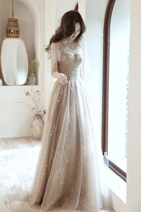 Champagne Tulle Long Prom Dress A Line Evening Dress