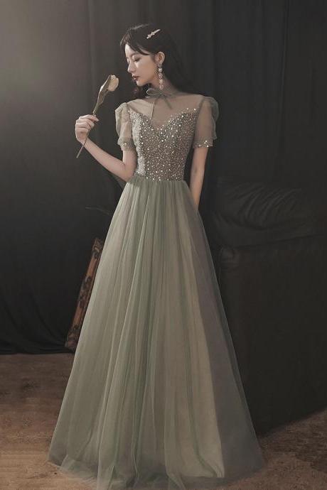 Green Tulle Beads Long Prom Dress A Line Evening Dress