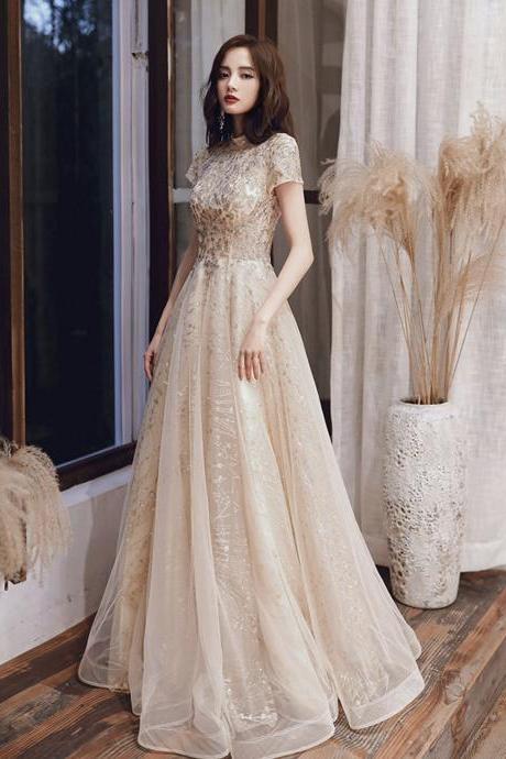 Champagne Tulle Sequins Long Prom Dress Evening Dress