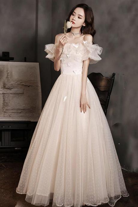 Champagne Tulle Long Prom Dress A Line Evening Dress