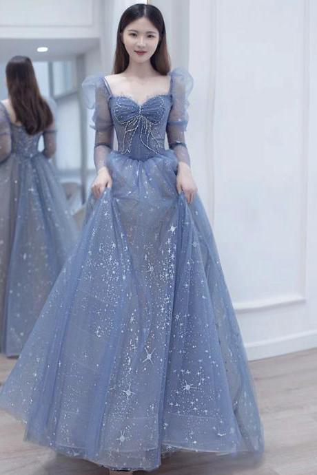 Blue tulle beads long prom dress A line evening dress