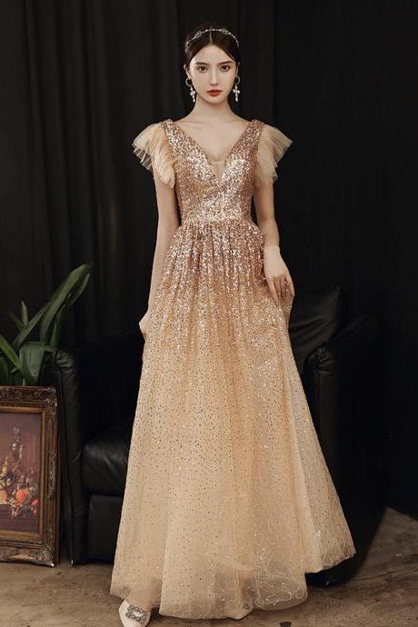Gold V Neck Sequins Long Prom Dress A Line Evening Dress