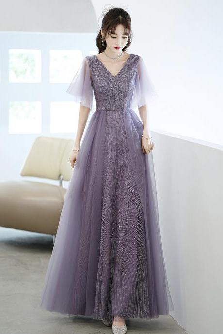 Purple tulle beads long prom dress A line evening gown