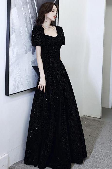 Black Velvet Sequins Long Prom Dress A Line Evening Dress
