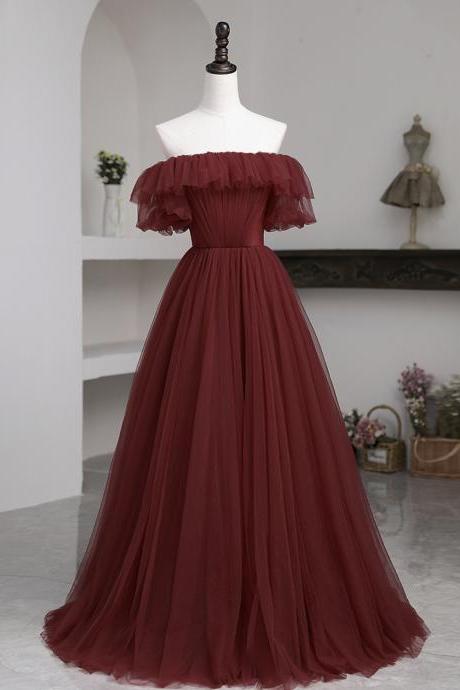 Burgundy Tulle Long Prom Dress A Line Evening Dress