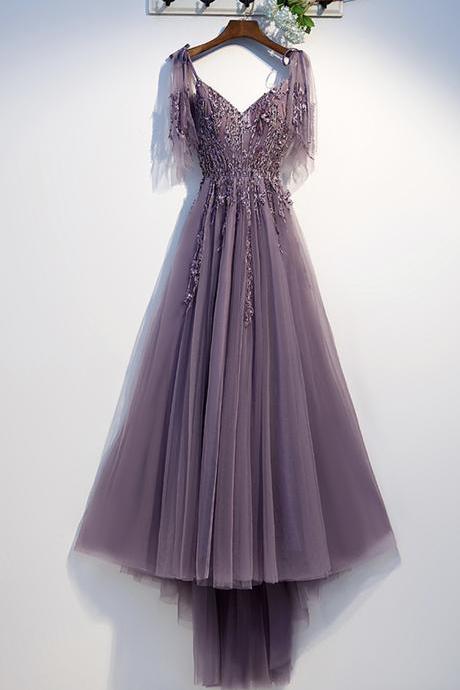 Purple Tulle Lace Long Prom Dress A Line Evening Dress