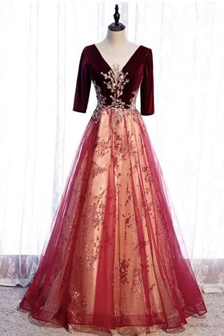 Burgundy Velvet Tulle Long Prom Dress A Line Evening Dress