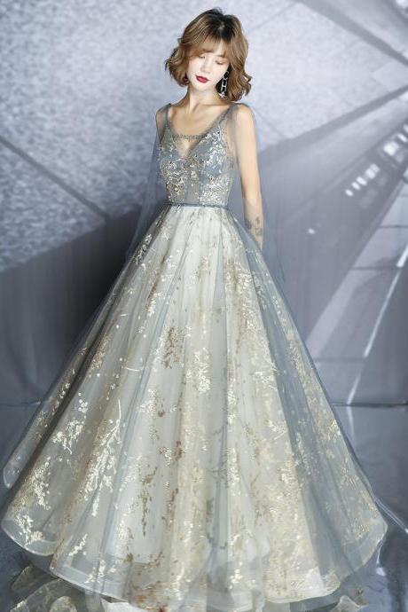 Gray tulle sequins long prom dress A line evening dress