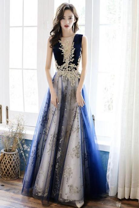 Blue Tulle Sequins Long Prom Dress Blue Evening Dress