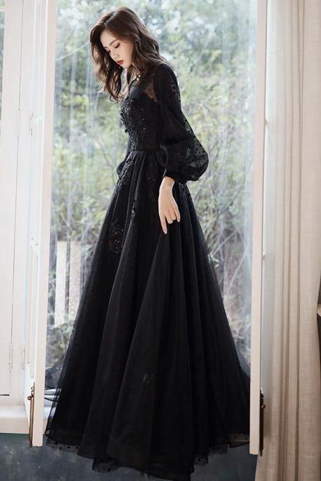 Black Tulle Lace Long Prom Dress Black Evening Dress