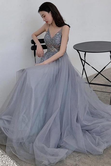 Blue Tulle Beads Long Prom Dress Blue Evening Dress