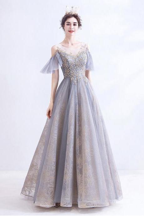 Blue Tulle Sequins Long Prom Dress Blue Evening Dress