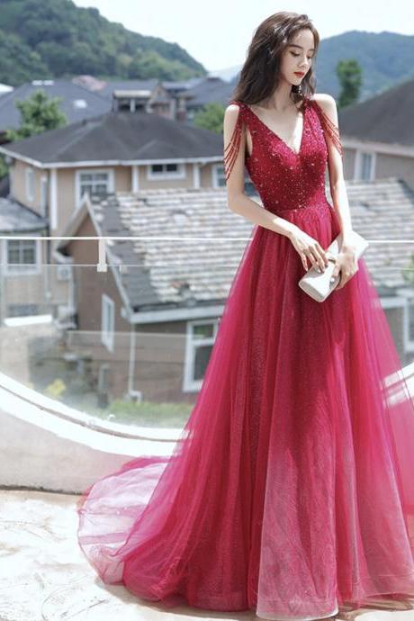 Red Tulle Beads Long Prom Dress Red Evening Dress