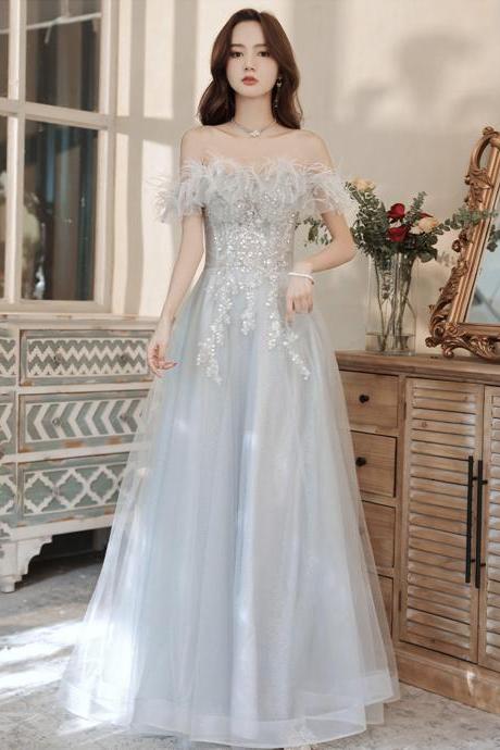 Gray Tulle Sequins Long Prom Dress Gray Evening Dress